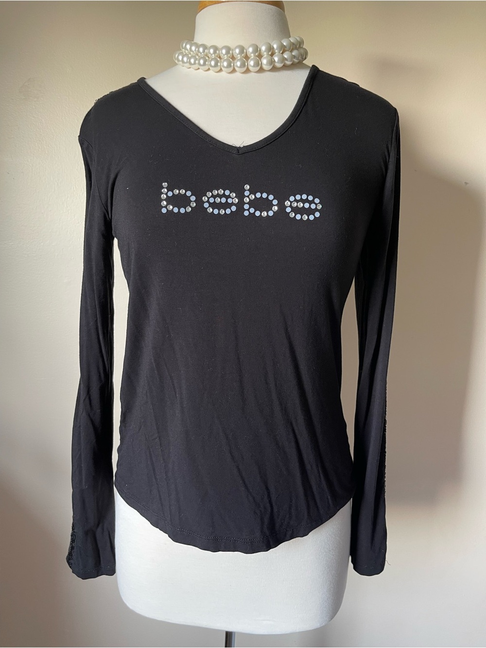 bebe Black Long Sleeve V-Neck Top with Crystal Logo